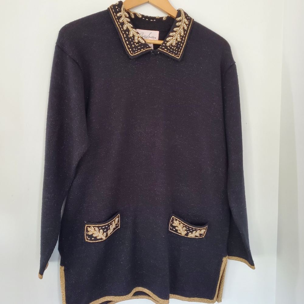 80s Black LS Tunic Sweater Gold Metallic Accent Pearl Beads Evening Holiday EUC